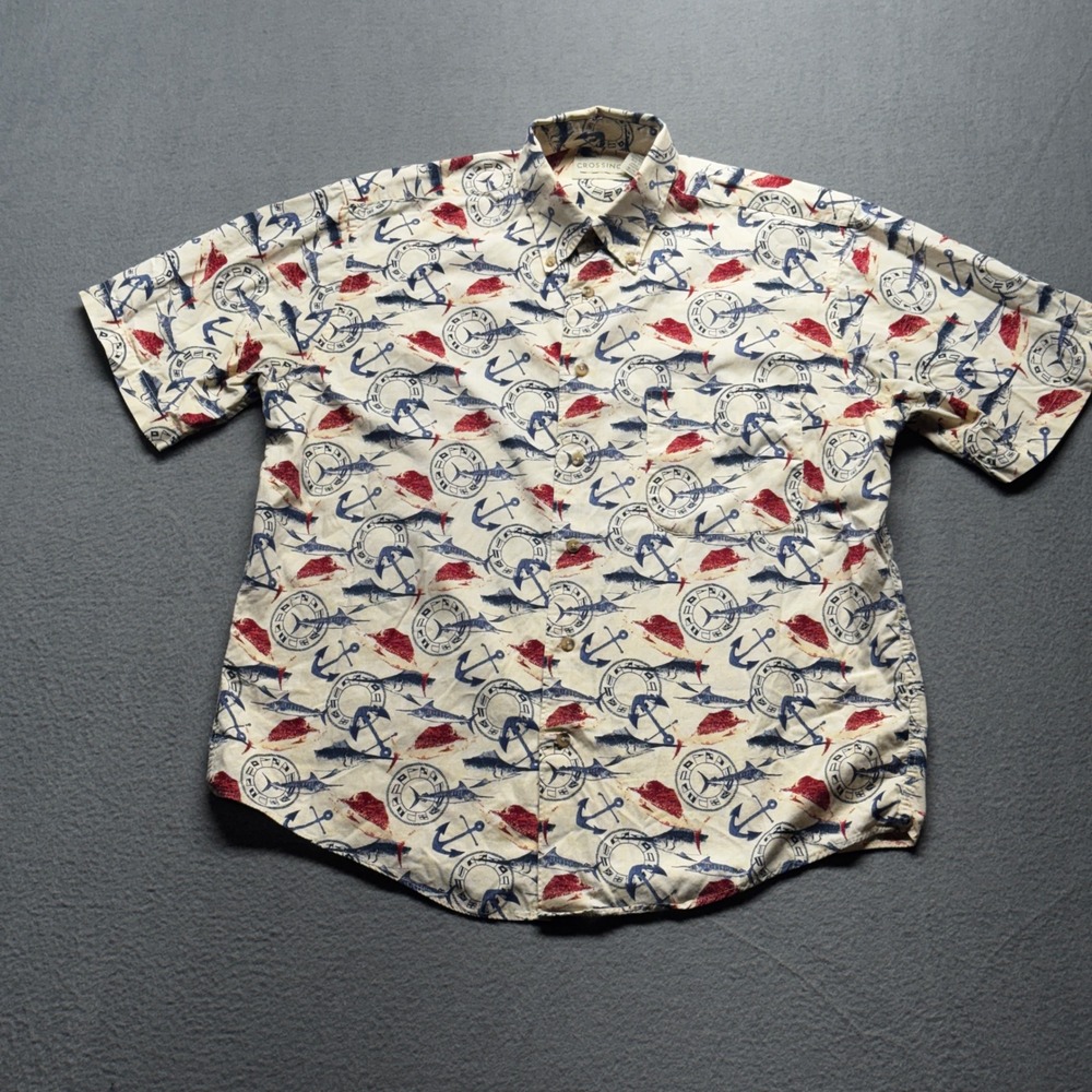 Crossings Mens Nautical Shirt Medium SS Button Down Marlin Anchor Print Cream